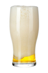 Single glass of beer close up isolated on white background