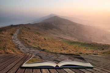 Stunning Winter sunrise landscape image of The Great Ridge in the Peak District in pages of open...