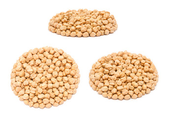 Set of handfuls of seeds from different angles - chickpea seeds (Cicer arietinum), close up, isolated on white background