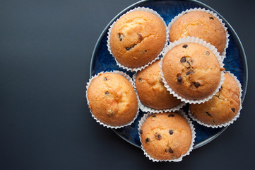 Chocolate Drops Muffins. Delicious sweet dessert. Sweetness to tea. Homemade baking. Treats for children. Popular cupcake.
