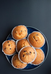 Chocolate Drops Muffins. Delicious sweet dessert. Sweetness to tea. Homemade baking. Treats for children. Popular cupcake.