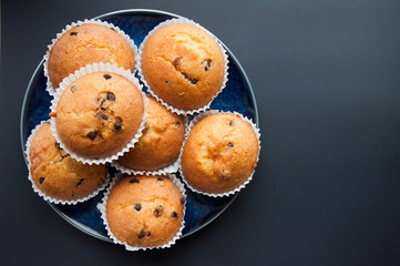 Chocolate Drops Muffins. Delicious sweet dessert. Sweetness to tea. Homemade baking. Treats for children. Popular cupcake.
