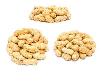 Set of handfuls of nuts from different angles - peanut (Arachis hypogaea) in the shell, close up, isolated on white background