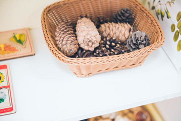 Montessori Education. Montessori School. Learning materials in a montessori methodology school. Preschool. Cones.