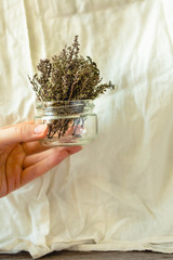Dried sprigs of rosemary in a jar. Spicy grass. Seasoning.In the hands of a young woman