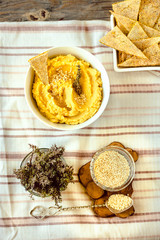 Traditional Middle east appetizer Hummus served with herbs, seasoned with in vintage ceramic plate. Top View.