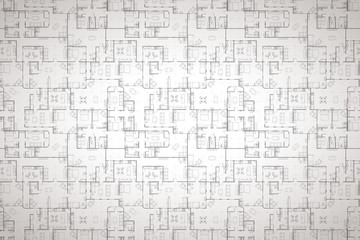 Complicated house floor plan with interior details on construction blueprint scheme, detailed background