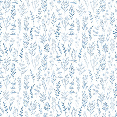 Hand drawn vector seamless pattern with floral elements, herbs, leaves, flowers, twigs, branches