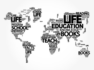 Obraz na płótnie Canvas Education word cloud in shape of world map, concept background