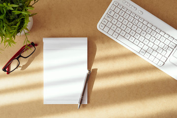 View from above on office wood desk. Copy space on paper notepad, pen, eye glasses, white computer keyboard and green plant.