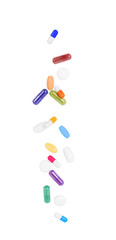 Assorted pharmaceutical medicine pills, tablets and capsules and bottle on white background