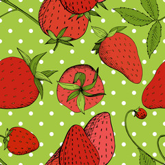 Vector Strawberry fresh fruit healthy food. Red and green engraved ink art. Seamless background pattern.