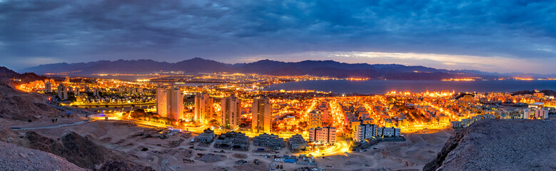 Panoramic aerial scenic view on the Eilat (Israel) and Aqaba (Jordan) cities and northern shore of the Aqaba gulf, Red Sea