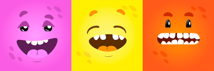 Vector funny square monster faces with different emotions, smiles, emoticon set for messenger, sticker, social media, animation, comic, newsletter, poster, banner, logo, icon, avatar. For April 1