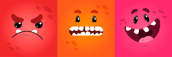 Vector funny square monster faces with different emotions, smiles, emoticon set for messenger, sticker, social media, animation, comic, newsletter, poster, banner, logo, icon, avatar. For April 1