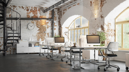 Office in old vintage brick Loft apartment 3d rendering