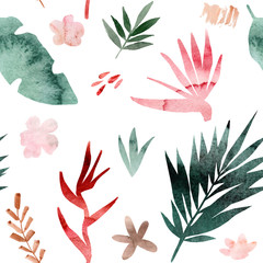 Fototapeta na wymiar Watercolor seamless pattern of tropical flowers and leaves. Tropic summer print for fabric textile, wrapping paper, clothes. Collage jungle style hand painted illustration. Simple bright design.