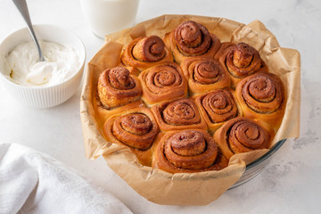 Sweet homemade cinnamon rolls. Top view.