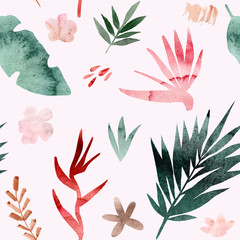 Fototapeta na wymiar Watercolor seamless pattern of tropical flowers and leaves. Tropic summer print for fabric textile, wrapping paper, clothes. Collage jungle style hand painted illustration. Simple bright design.