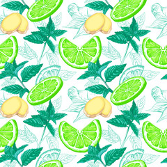 Lime, mint and ginger seamless pattern. Ink sketch lemons, ginger, mint. Citrus fruit background. Elements for menu, greeting cards, wrapping paper, cosmetics packaging, posters etc