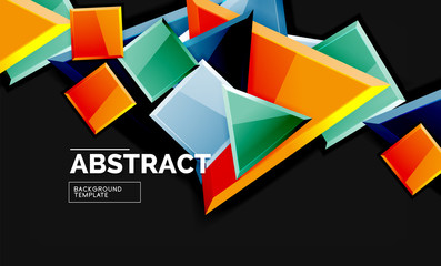 Glossy mosaic style geometric shapes - squares and triangles on black