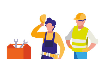 couple of men builders working with toolbox