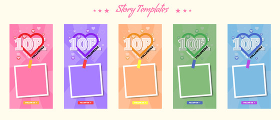 Social media story template pack for 10k followers and thank you message. Social media frames with trendy color style Vector illustration.