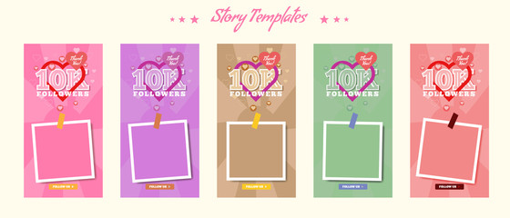 Social media story template pack for 10k followers and thank you message. Social media frames with trendy color style Vector illustration.