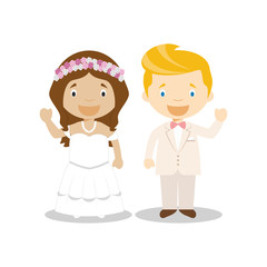 Mestizo bride and caucasian bridegroom Interracial newlywed couple in cartoon style Vector illustration