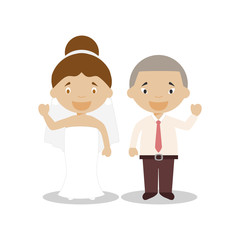 Obraz na płótnie Canvas Mestizo bride and oriental bridegroom Interracial newlywed couple in cartoon style Vector illustration