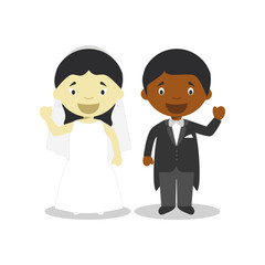 Oriental bride and black bridegroom Interracial newlywed couple in cartoon style Vector illustration