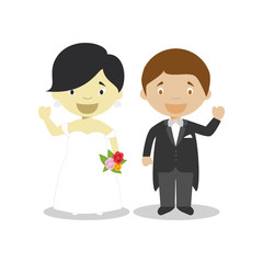 Oriental bride and mestizo bridegroom Interracial newlywed couple in cartoon style Vector illustration