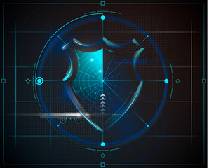 Cyber security shield with radar searching and digital data background. Isolated background. Network, search system, virus or information protection concept for poster, web design, banner, icon, logo