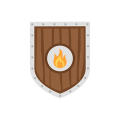 Shield. Military shield. Armor. Logo of fire on the shield. Vector illustration. EPS 10.