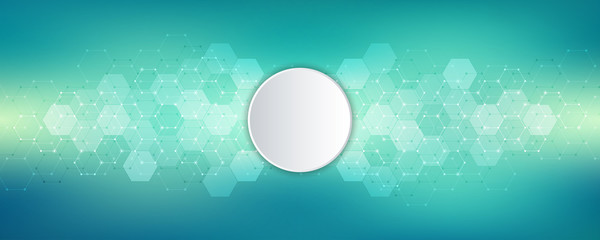 Abstract background of science and innovation technology. Technical background with hexagons pattern and molecular structures.