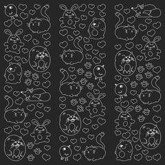 Vector set of beautiful round icons in the form of wild animals for children and design, print, cat ,bear, fox, bird ,hare or rabbit. Round animals with caption on black background