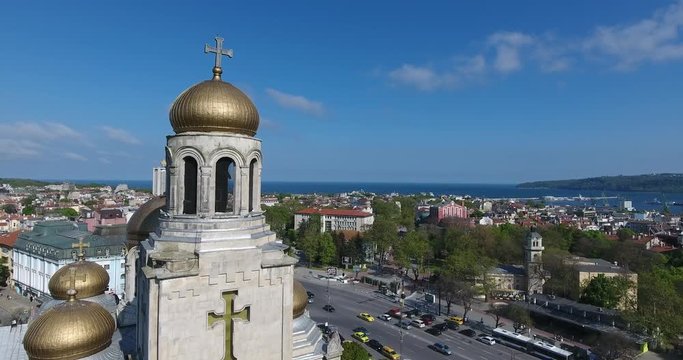 Dron Footage Varna Bulgaria City Center Crossroad 150 years old Cathedral 