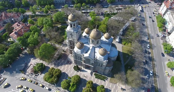 Dron Footage Varna Bulgaria City Center Crossroad 150 years old Cathedral 