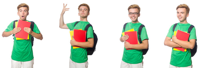 Young student with backpack and notes isolated on white