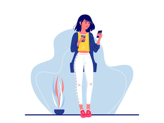 Social networks. Young happy woman standing with smartphone and coffee chatting with friends. Internet communication. Isolated flat vector illustration.