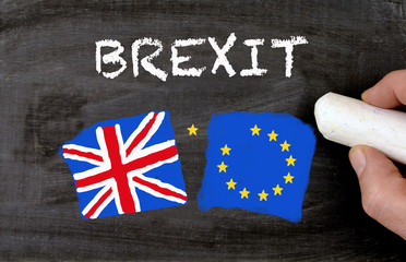 Brexit chalkboard with uk and european flag with a lost star