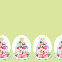 Green border with wedding cake and flowers.