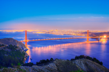 Elevated view of the Golden Gate Bridge at dusk. California. USA