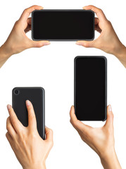 Set of women's hands showing black smartphone