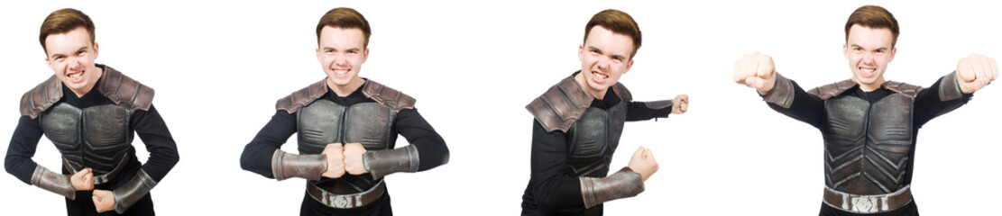 Young funny man in armour suit