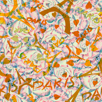 Romantic Paris. Seamless pattern with Eiffel tower,  hearts and roses. 