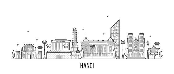 Hanoi skyline Vietnam city buildings vector linear - obrazy, fototapety, plakaty