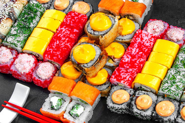 close up of sashimi sushi set, roll with delicious cream