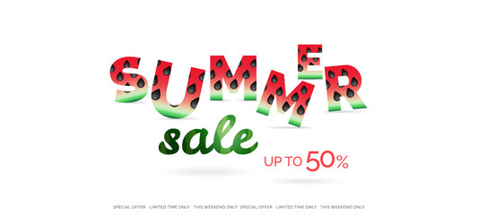 summer sale horizontal banner with watermelon made letters on white background