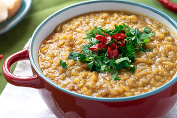 Vegetarian lentil soup with parsley.